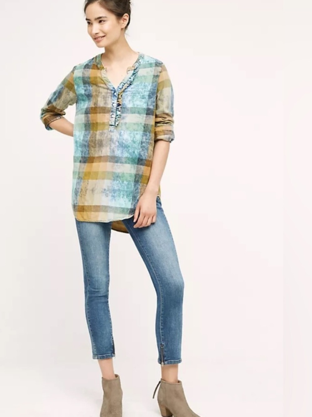 ISABELLA SINCLAIR Anthropologie Blue Green Plaid Blouse Women’s Shirt Top